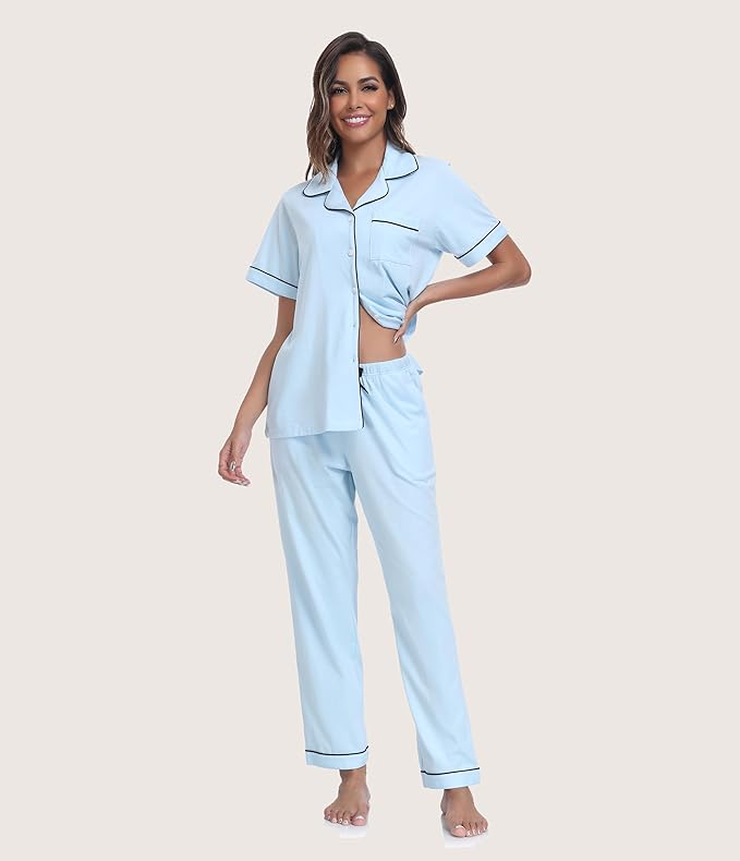 Women's 100% Cotton Pants Pajama Set - Short Sleeve - 2 Piece