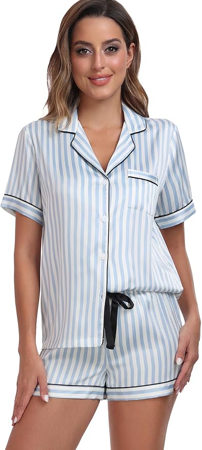 Women's Satin Pajama Set - Short Sleeve - 2 Piece