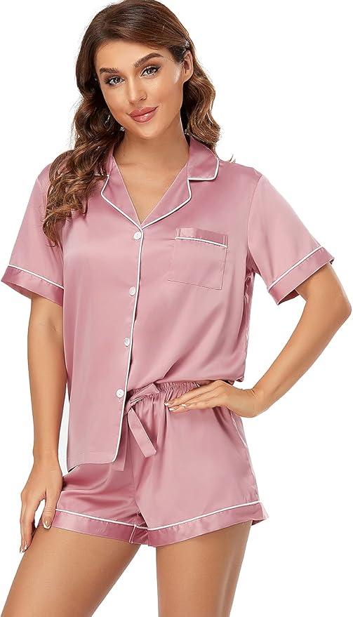 Women's Satin Pajama Set - Short Sleeve - 2 Piece
