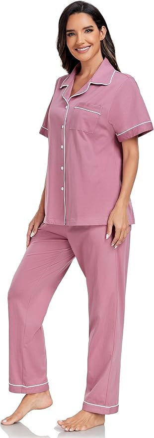 Women's 100% Cotton Pants Pajama Set - Short Sleeve - 2 Piece