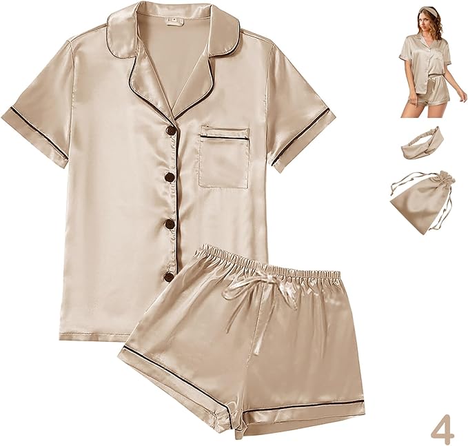 Satin Pajama Set - Short Sleeve - 4 Piece