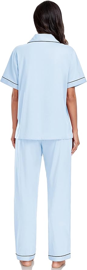 Women's 100% Cotton Pants Pajama Set - Short Sleeve - 2 Piece