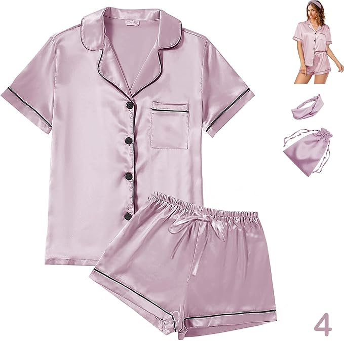 Satin Pajama Set - Short Sleeve - 4 Piece