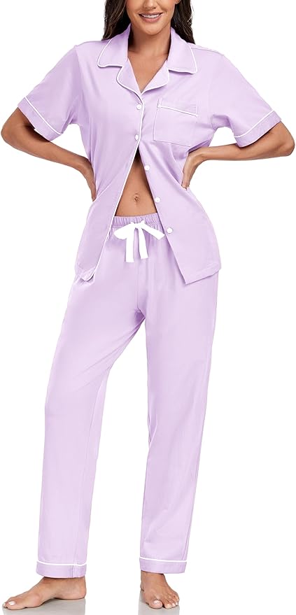 Women's 100% Cotton Pants Pajama Set - Short Sleeve - 2 Piece