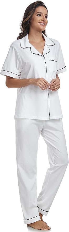 Women's 100% Cotton Pants Pajama Set - Short Sleeve - 2 Piece