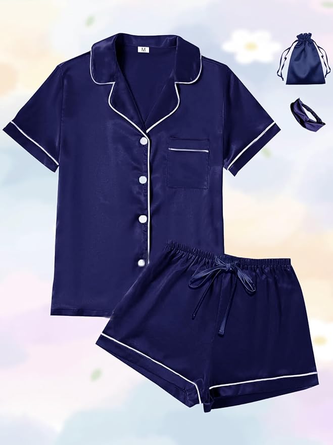 Satin Pajama Set - Short Sleeve - 4 Piece