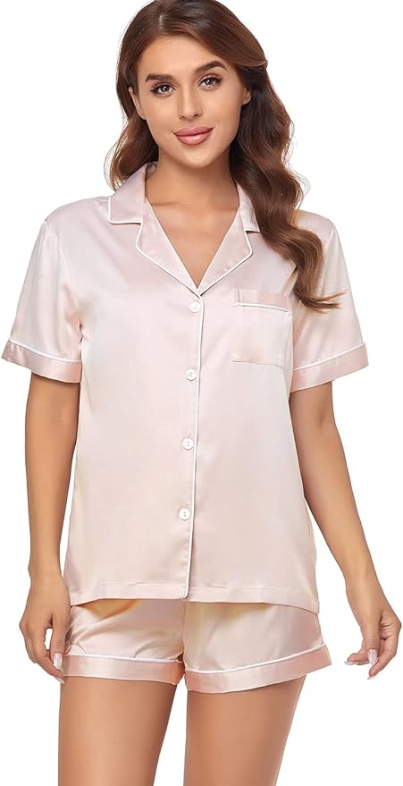 Women's Satin Pajama Set - Short Sleeve - 2 Piece