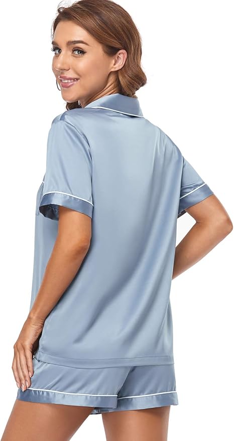 Women's Satin Pajama Set - Short Sleeve - 2 Piece