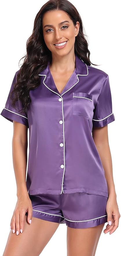 Women's Satin Pajama Set - Short Sleeve - 2 Piece