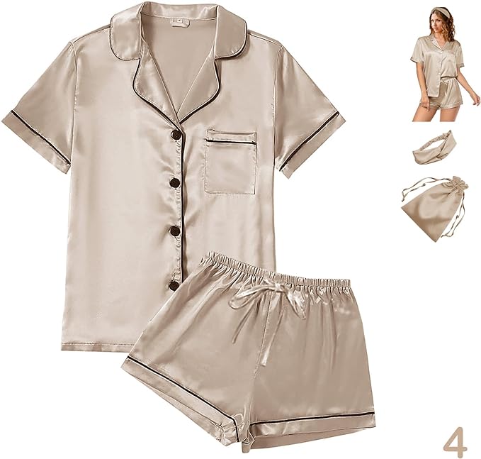Satin Pajama Set - Short Sleeve - 4 Piece