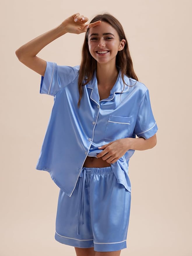 Women's Satin Pajama Set - Short Sleeve - 2 Piece