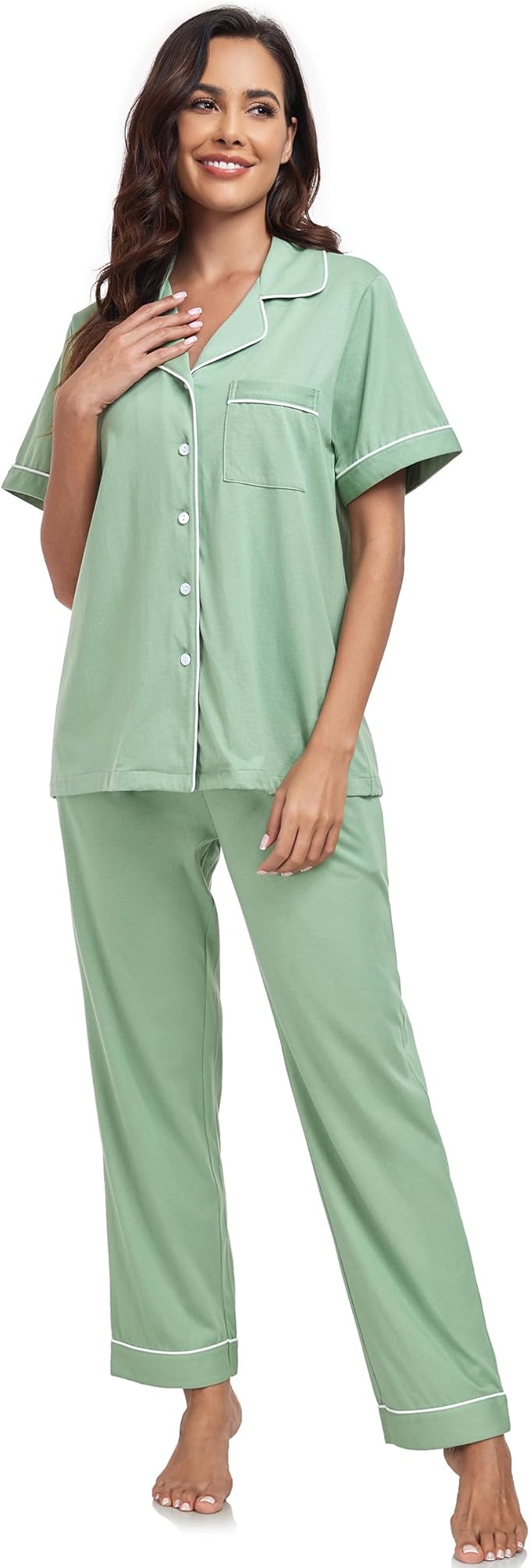 Women's 100% Cotton Pants Pajama Set - Short Sleeve - 2 Piece