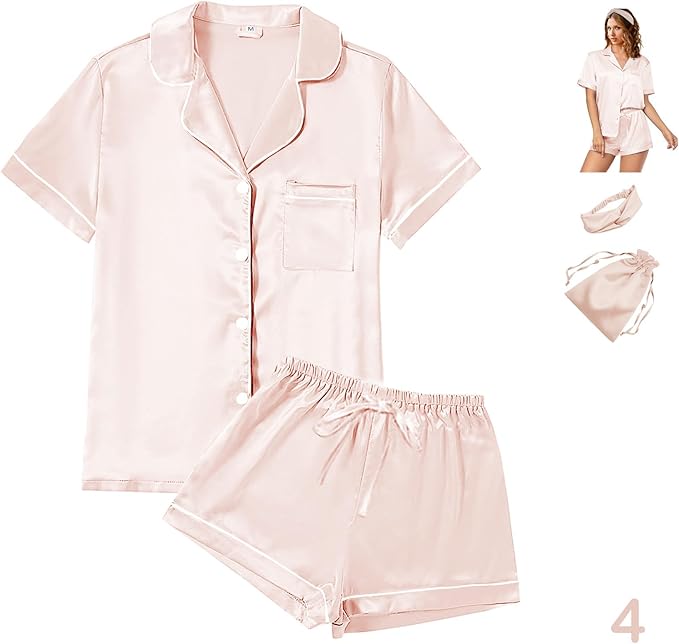 Satin Pajama Set - Short Sleeve - 4 Piece