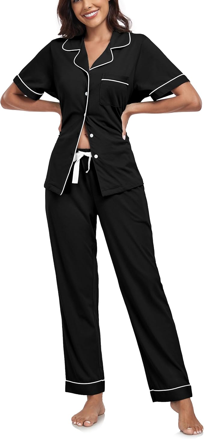 Women's 100% Cotton Pants Pajama Set - Short Sleeve - 2 Piece