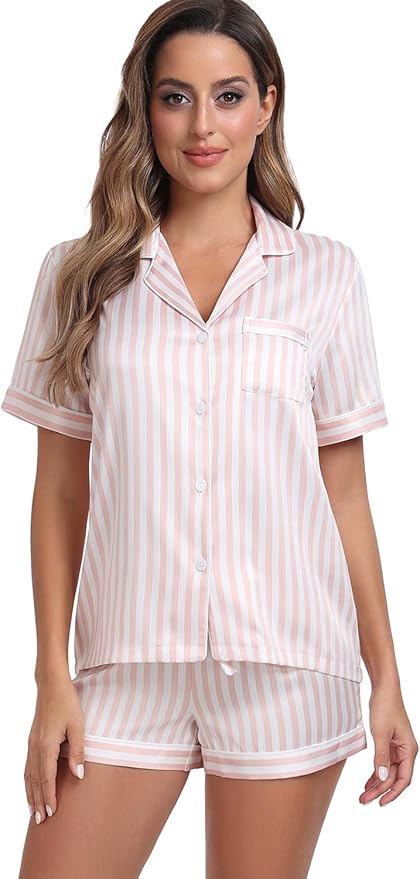Women's Satin Pajama Set - Short Sleeve - 2 Piece