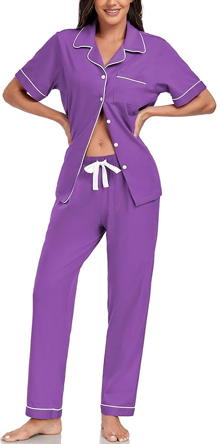 Women's 100% Cotton Pants Pajama Set - Short Sleeve - 2 Piece