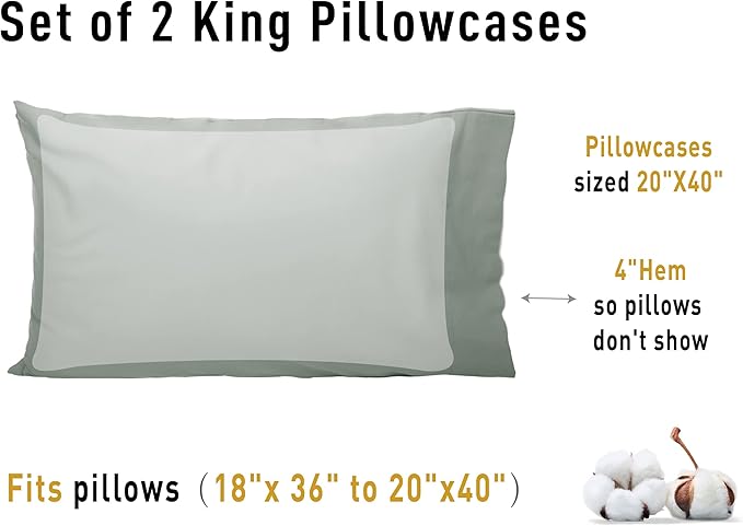 100% Cotton Pillowcase Set - King - 20 x 40 in - 2 Piece