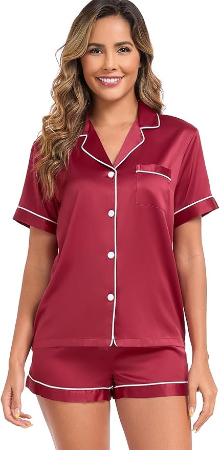 Women's Satin Pajama Set - Short Sleeve - 2 Piece