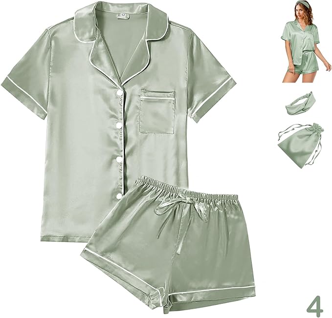 Satin Pajama Set - Short Sleeve - 4 Piece