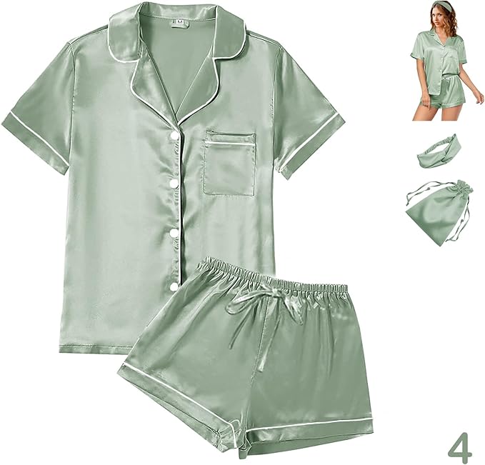 Satin Pajama Set - Short Sleeve - 4 Piece