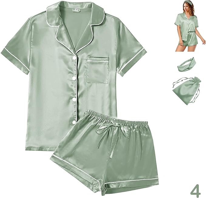 Satin Pajama Set - Short Sleeve - 4 Piece