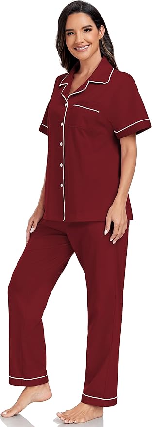 Women's 100% Cotton Pants Pajama Set - Short Sleeve - 2 Piece