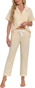 Women's 100% Cotton Pants Pajama Set - Short Sleeve - 2 Piece