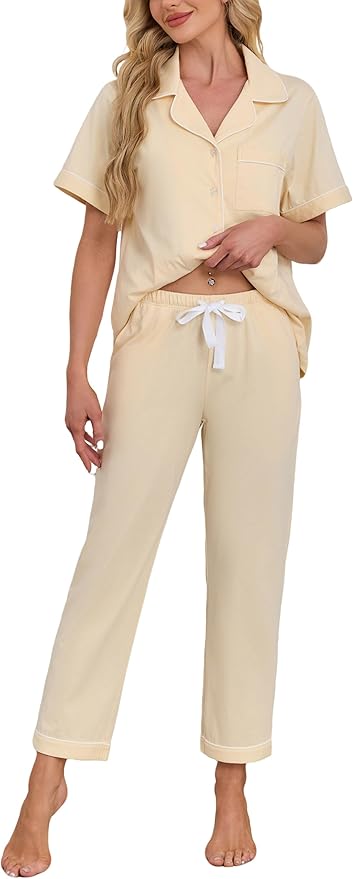Women's 100% Cotton Pants Pajama Set - Short Sleeve - 2 Piece