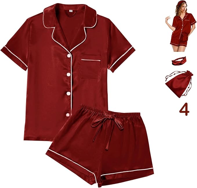 Satin Pajama Set - Short Sleeve - 4 Piece