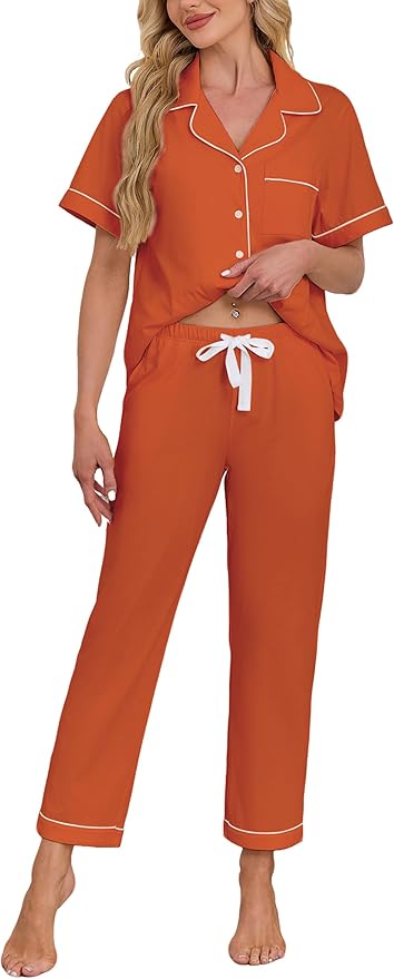 Women's 100% Cotton Pants Pajama Set - Short Sleeve - 2 Piece