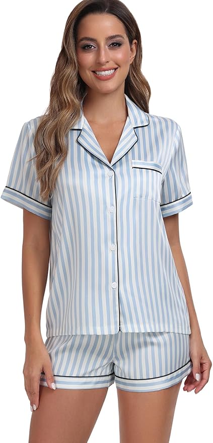 Women's Satin Pajama Set - Short Sleeve - 2 Piece