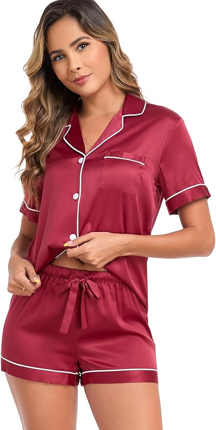 Women's Satin Pajama Set - Short Sleeve - 2 Piece