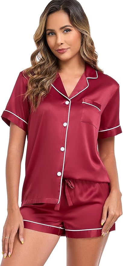 Women's Satin Pajama Set - Short Sleeve - 2 Piece
