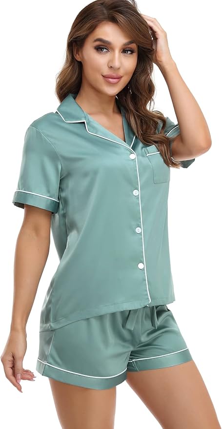 Women's Satin Pajama Set - Short Sleeve - 2 Piece