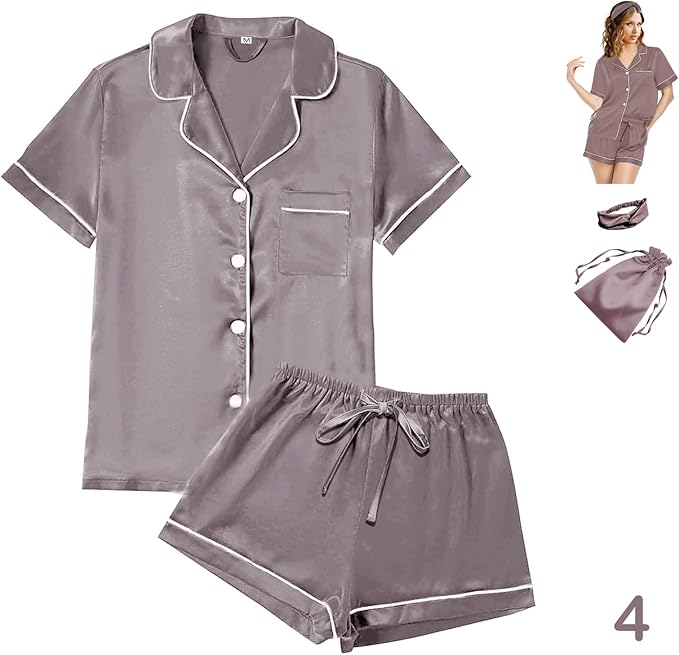 Satin Pajama Set - Short Sleeve - 4 Piece