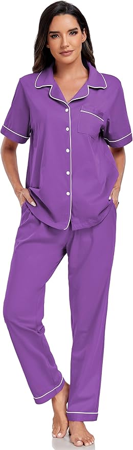 Women's 100% Cotton Pants Pajama Set - Short Sleeve - 2 Piece