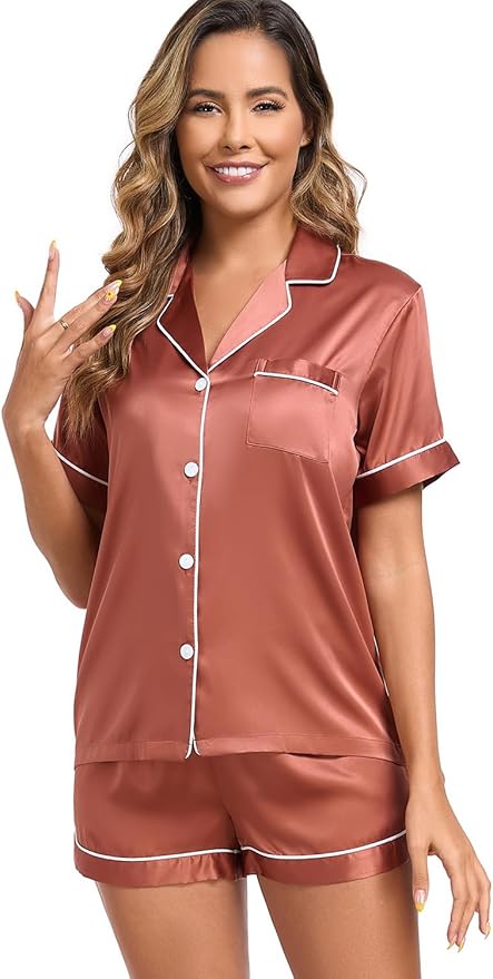 Women's Satin Pajama Set - Short Sleeve - 2 Piece