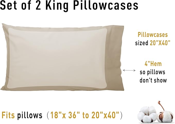 100% Cotton Pillowcase Set - King - 20 x 40 in - 2 Piece