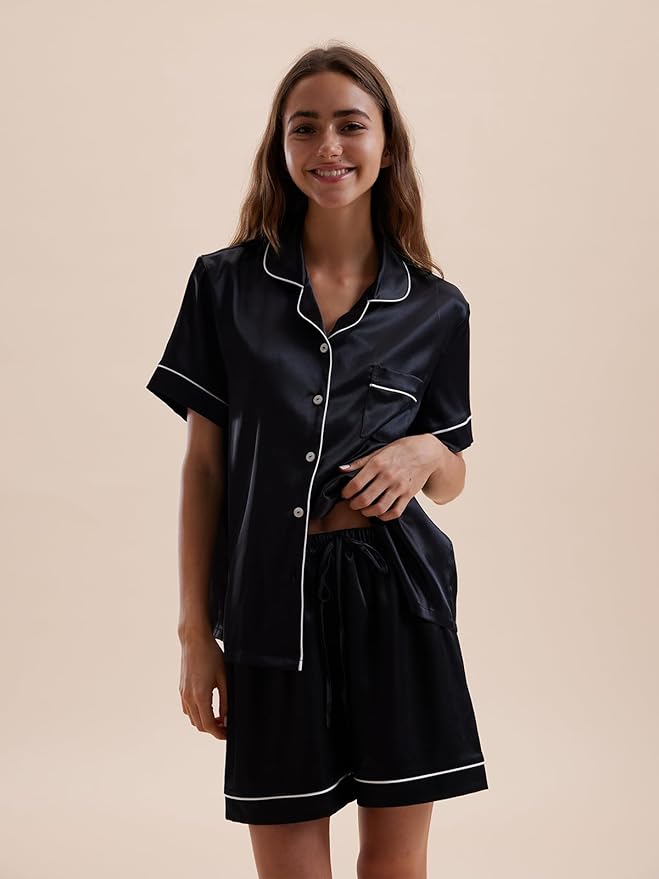 Women's Satin Pajama Set - Short Sleeve - 2 Piece