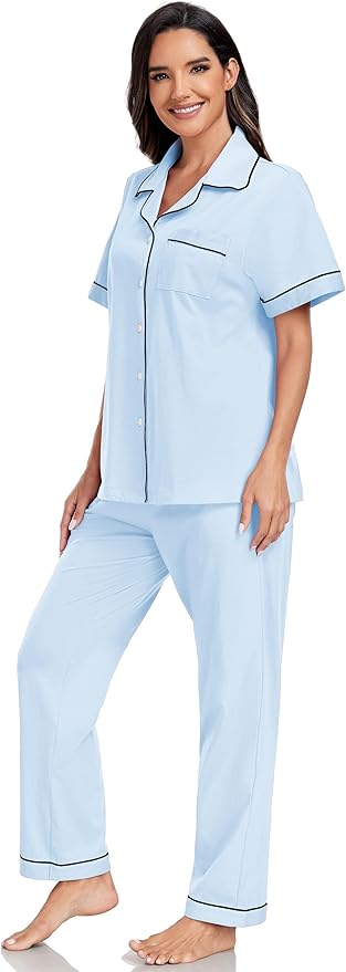 Women's 100% Cotton Pants Pajama Set - Short Sleeve - 2 Piece