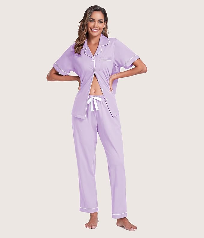 Women's 100% Cotton Pants Pajama Set - Short Sleeve - 2 Piece