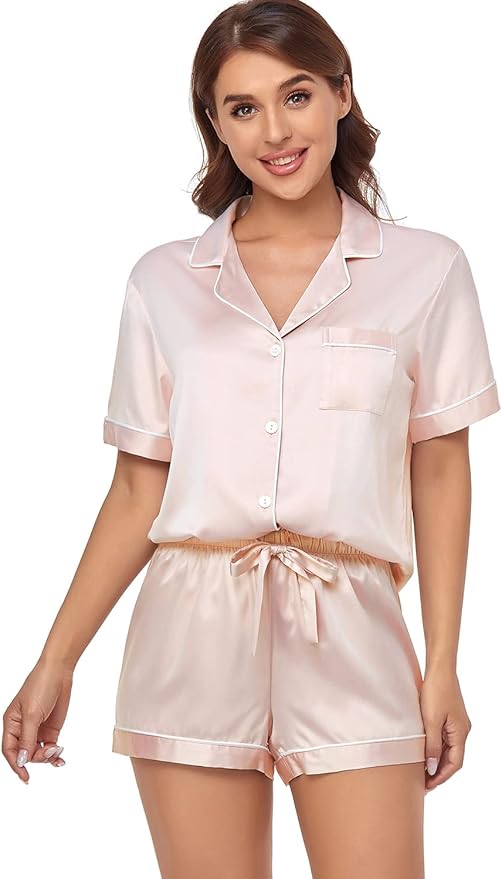 Women's Satin Pajama Set - Short Sleeve - 2 Piece