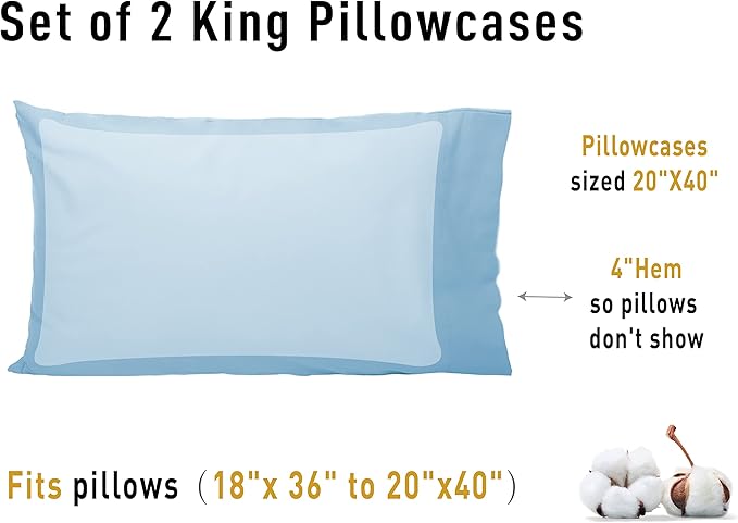 100% Cotton Pillowcase Set - King - 20 x 40 in - 2 Piece
