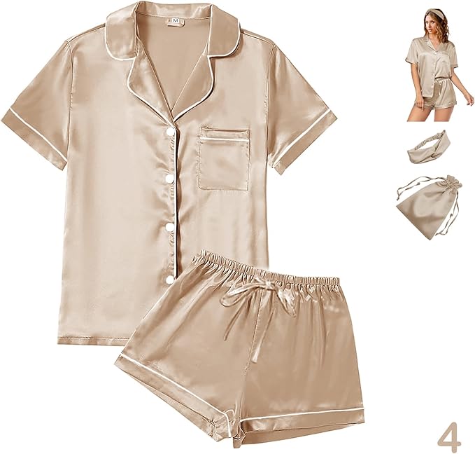 Satin Pajama Set - Short Sleeve - 4 Piece