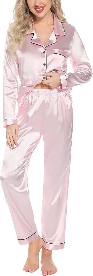 Women's Satin Pajama Set - Long Sleeve - 2 Piece