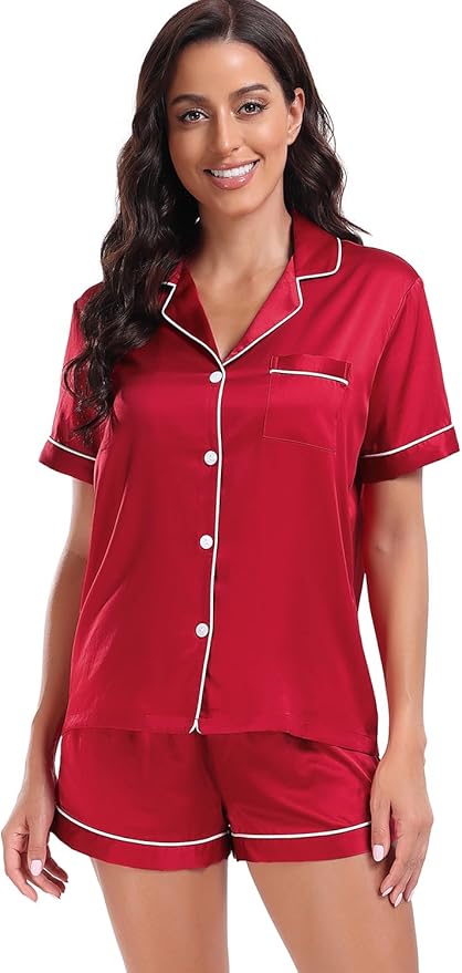 Women's Satin Pajama Set - Short Sleeve - 2 Piece
