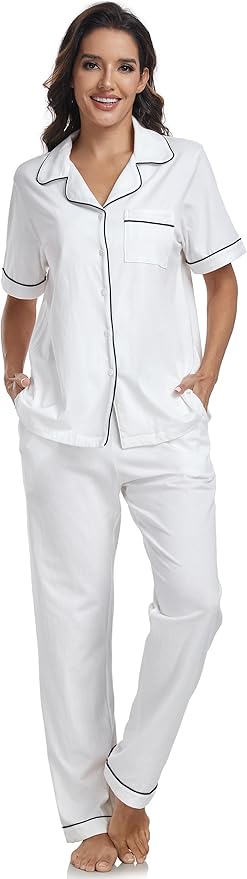 Women's 100% Cotton Pants Pajama Set - Short Sleeve - 2 Piece