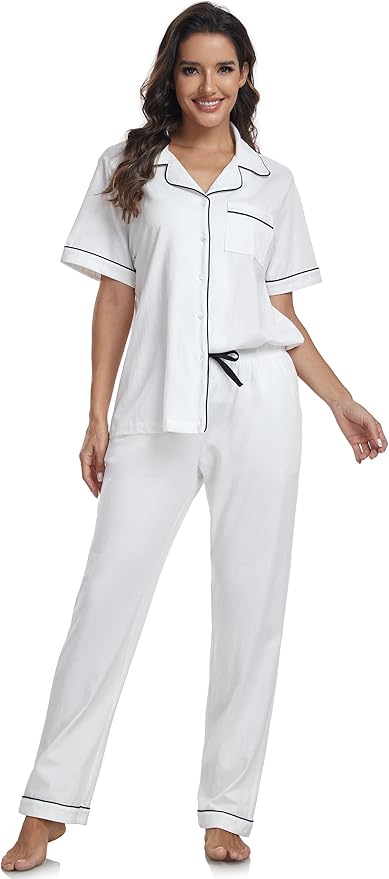 Women's 100% Cotton Pants Pajama Set - Short Sleeve - 2 Piece