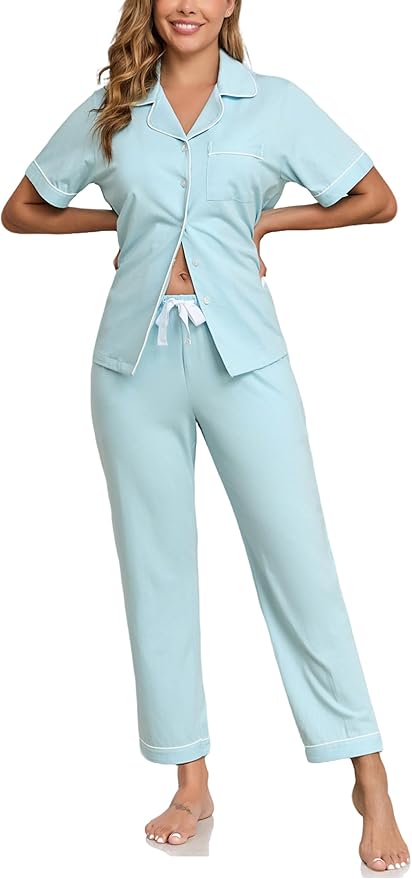 Women's 100% Cotton Pants Pajama Set - Short Sleeve - 2 Piece