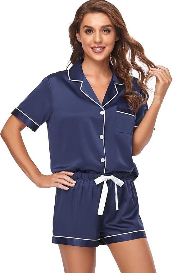 Women's Satin Pajama Set - Short Sleeve - 2 Piece
